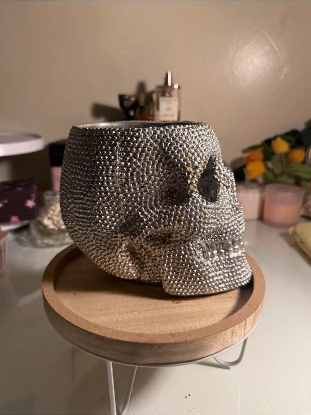 Silver Rhinestone Skull Decorative Holder